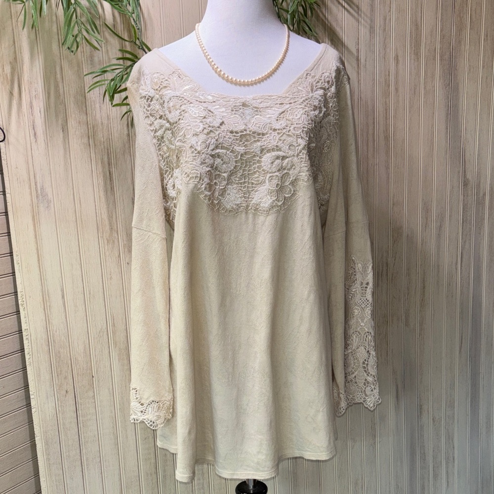 Soft Surroundings Cream Lace Boho Romantic Tunic, Large EUC, 100% Damask Cotton